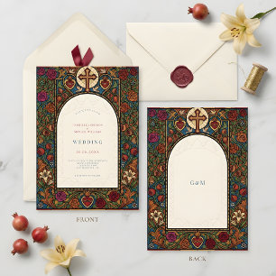 Vintage Rose Stained Glass Floral Wedding Catholic Invitation