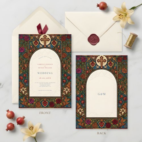 Vintage Rose Stained Glass Floral Wedding Catholic Invitation