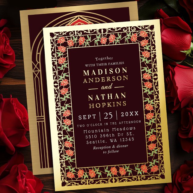 Vintage Rose Stained Glass Victorian Wedding Foil Invitation (Creator Uploaded)