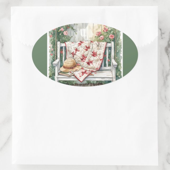 Vintage Rose Swing with Quilt Charm Oval Sticker (Bag)