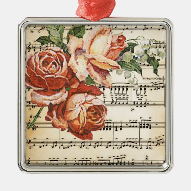 Vintage Rose Trio & Music Metal Ornament (Front)