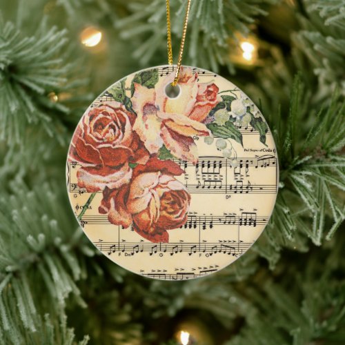Vintage Rose Trio on Music Personalized Ceramic Ornament