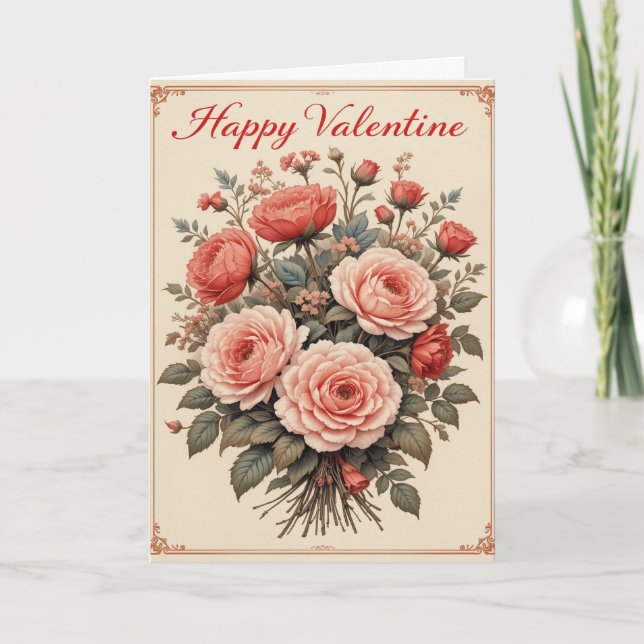 Vintage Rose Valentine Romantic Floral  Holiday Card (Front)