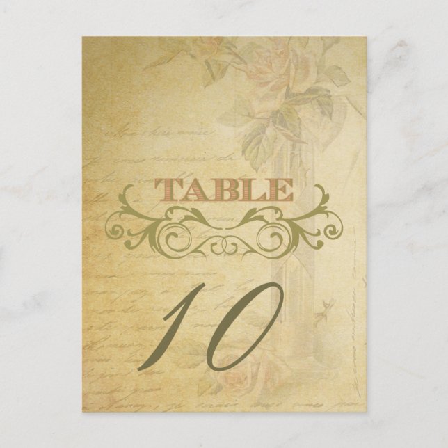 Vintage Rose Wedding Table Number Cards (Front)