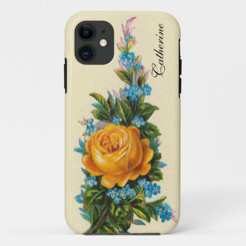 Vintage Rose with blue flowers iPhone 11 Case