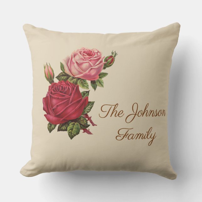Vintage Rose with Family Name Throw Pillow (Front)
