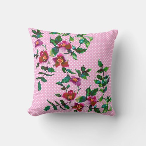 Vintage Rose with pink and white polka dots Throw Pillow