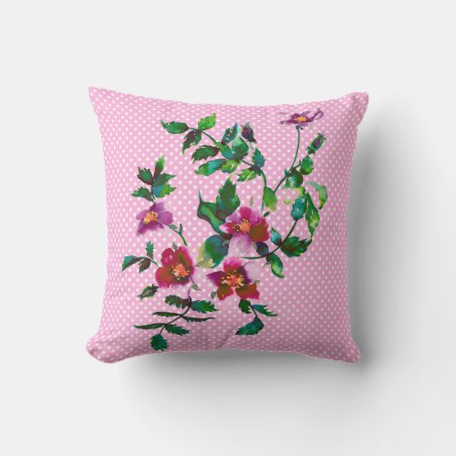 Vintage Rose with pink and white polka dots Throw Pillow