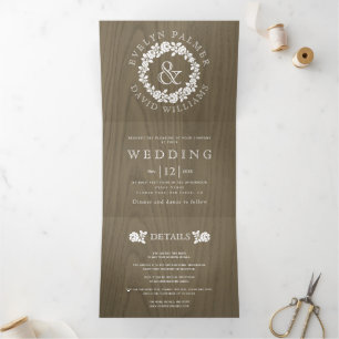 Vintage rose wreath rustic gray-brown wood wedding Tri-Fold invitation