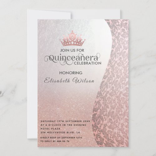 Vintage rosegold luxury damask tiara Quinceaera   Invitation