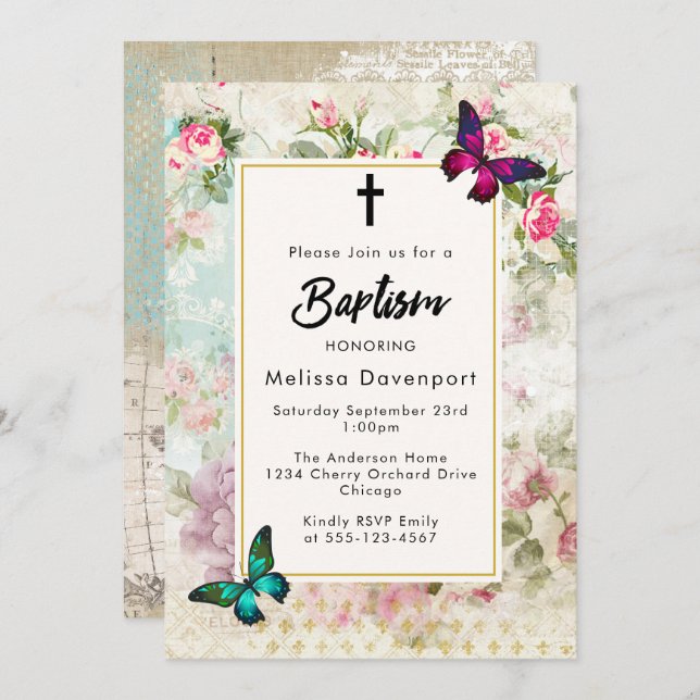 Vintage roses and Butterflies Baptism Invite (Front/Back)