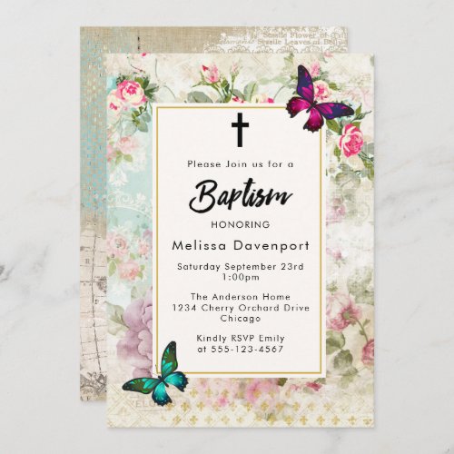Vintage roses and Butterflies Baptism Invite