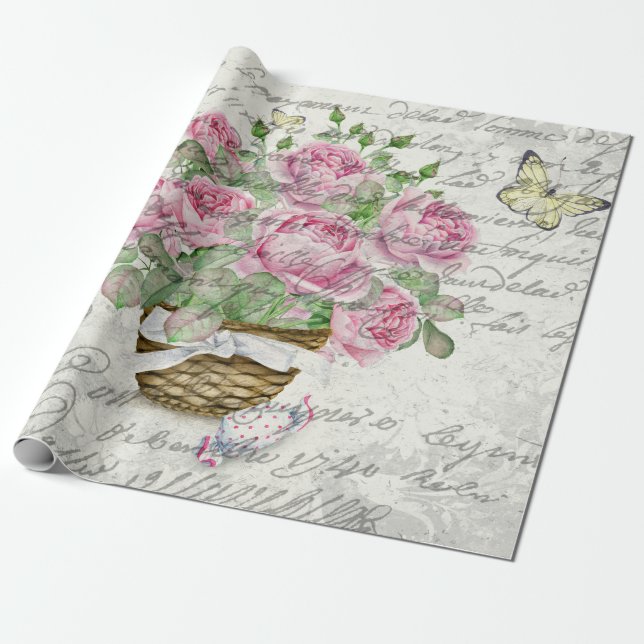 Vintage Roses And Butterflies Ephemera Decoupage Wrapping Paper (Unrolled)