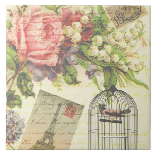 Vintage Roses and Caged Bird Ceramic Tile