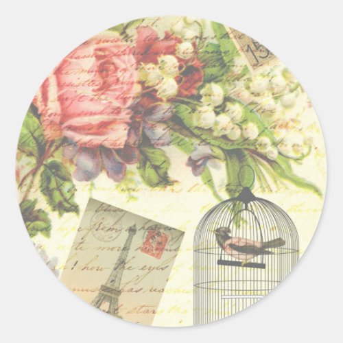 Vintage Roses and Caged Bird Classic Round Sticker