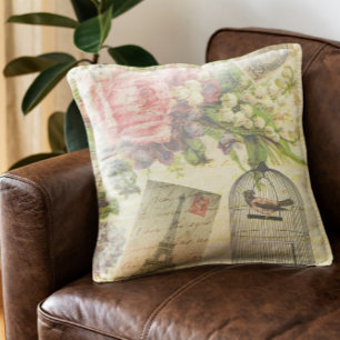 Vintage Roses and Caged Bird Throw Pillow