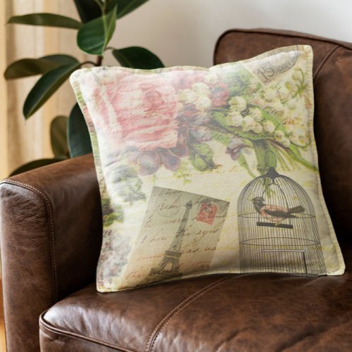 Vintage Roses and Caged Bird Throw Pillow