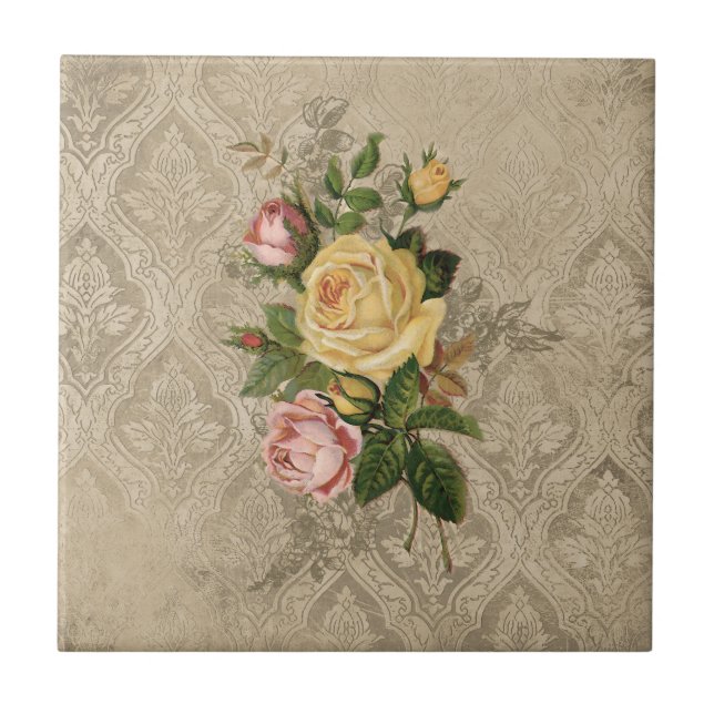Vintage Roses and Damask Ceramic Tile (Front)