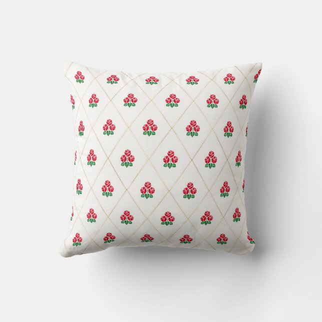 Vintage Roses and Diamonds Pattern White Red Throw Pillow (Back)