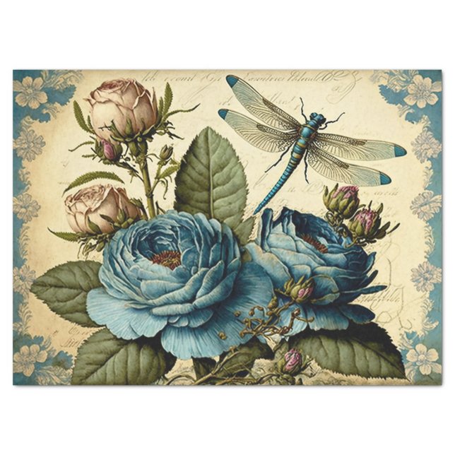 Vintage Roses and Dragonfly Decoupage Tissue Paper (Front)