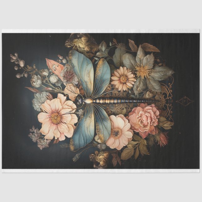 Vintage Roses and Dragonfly Decoupage Tissue Paper (Front)