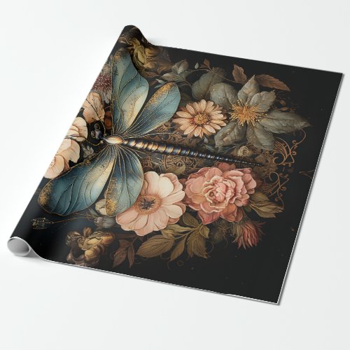 Vintage Roses and Dragonfly Wrapping Paper