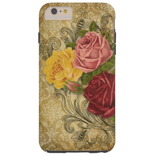 Vintage Roses and Engraved Swirls on Gold Damask Tough iPhone 6 Plus Case