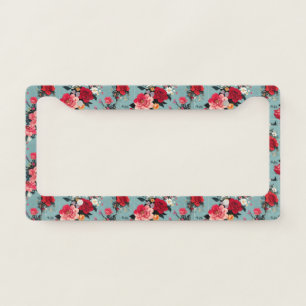 Vintage Roses and Florals on a Blue Background License Plate Frame