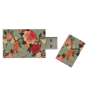 Vintage Roses and Florals on a Blue Background Wood Flash Drive
