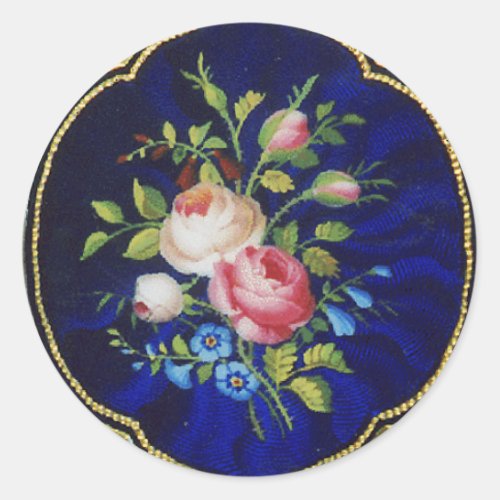 VINTAGE ROSES AND FLOWERS IN BLUE CLASSIC ROUND STICKER