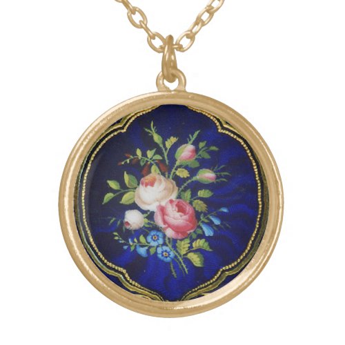 VINTAGE ROSES AND FLOWERS IN BLUE GOLD PLATED NECKLACE