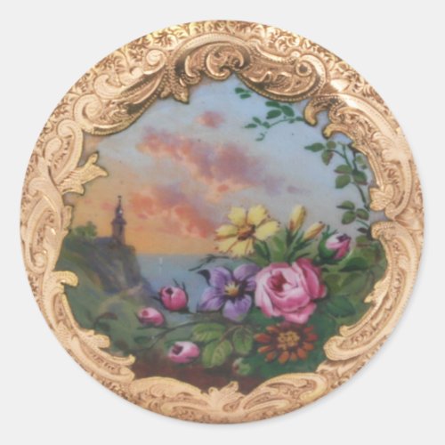 VINTAGE ROSES AND FLOWERS WITH LANDSCAPE CLASSIC ROUND STICKER