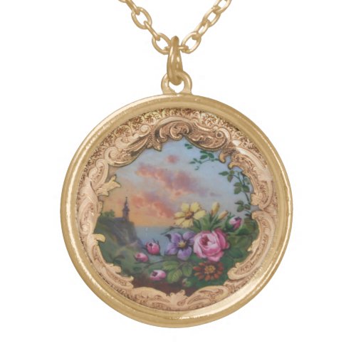 VINTAGE ROSES AND FLOWERS WITH LANDSCAPE GOLD PLATED NECKLACE