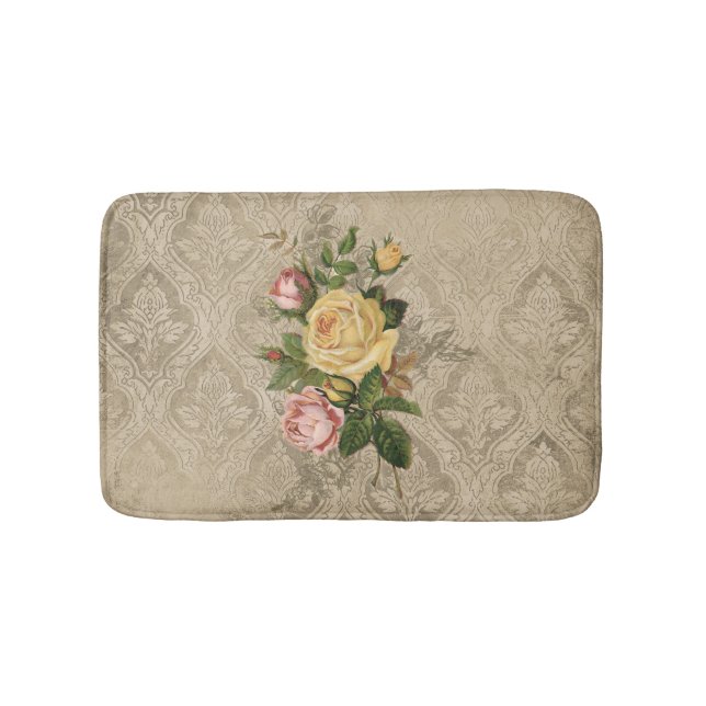 Vintage Roses and Gold Damask Bathroom Mat (Front)