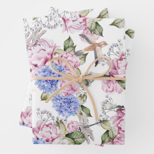 Vintage Roses and Hydrangea Flowers Nature Wrapping Paper Sheets