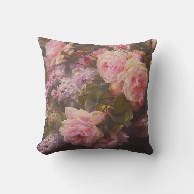 Vintage Roses and Lilacs Throw Pillow (Front)
