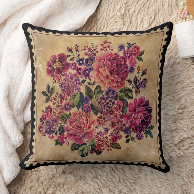 Vintage Roses and Mixed  Flowers Throw Pillow (Blanket)