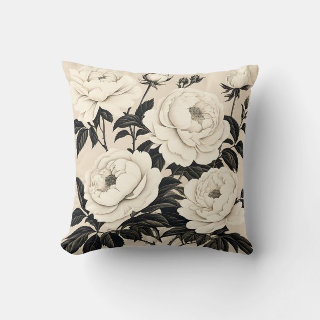 Vintage Roses And Peonies On Cream Throw Pillow (Front)
