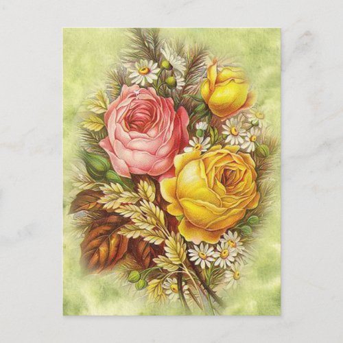 Vintage Roses and White Daisy Flowers  Postcard