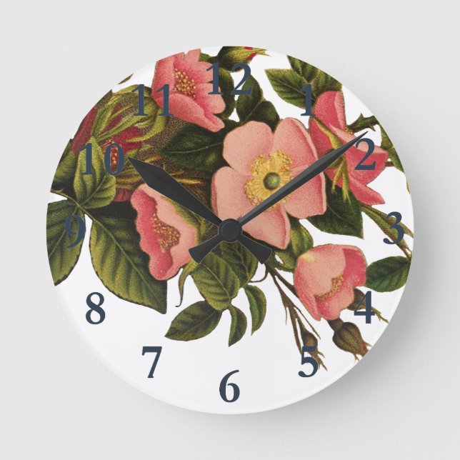 Vintage Roses Beautiful Pink Botanical Round Clock (Front)