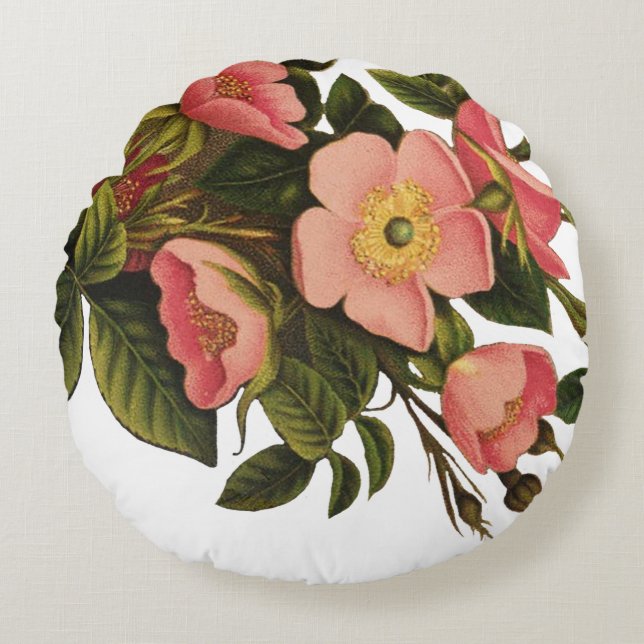 Vintage Roses Beautiful Pink Botanical Round Pillow (Front)