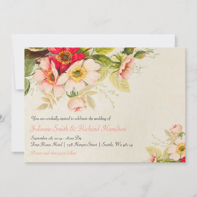Vintage Roses Blush Floral Wedding Invitations (Front)