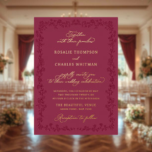 Vintage Roses Burgundy Floral Frame Wedding  Foil Invitation