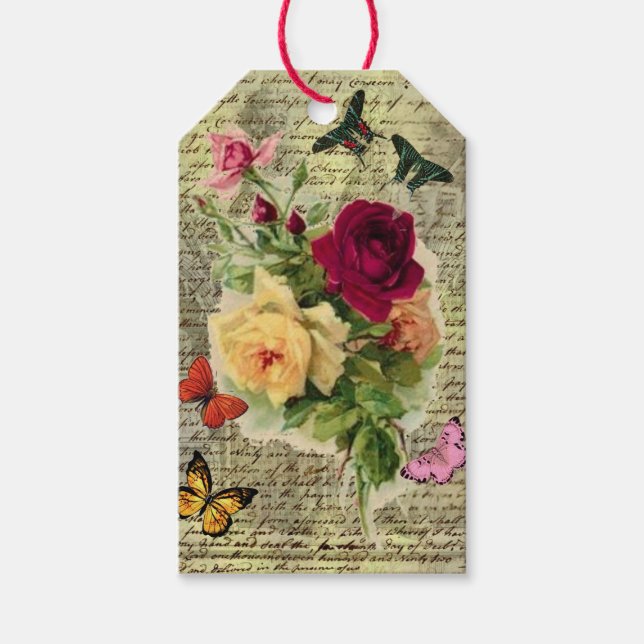 Vintage Roses & Butterflies Ephemera Gift Tag (Front)