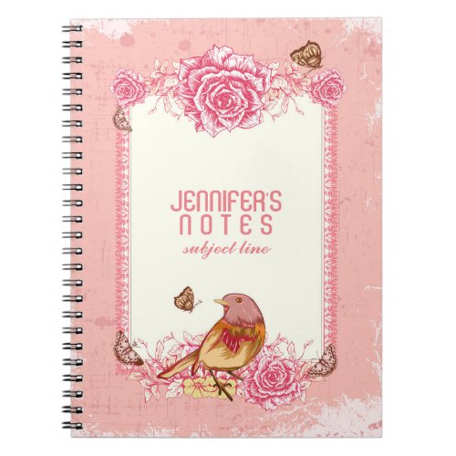 Vintage Roses Butterflies With Cute Bird Notebook