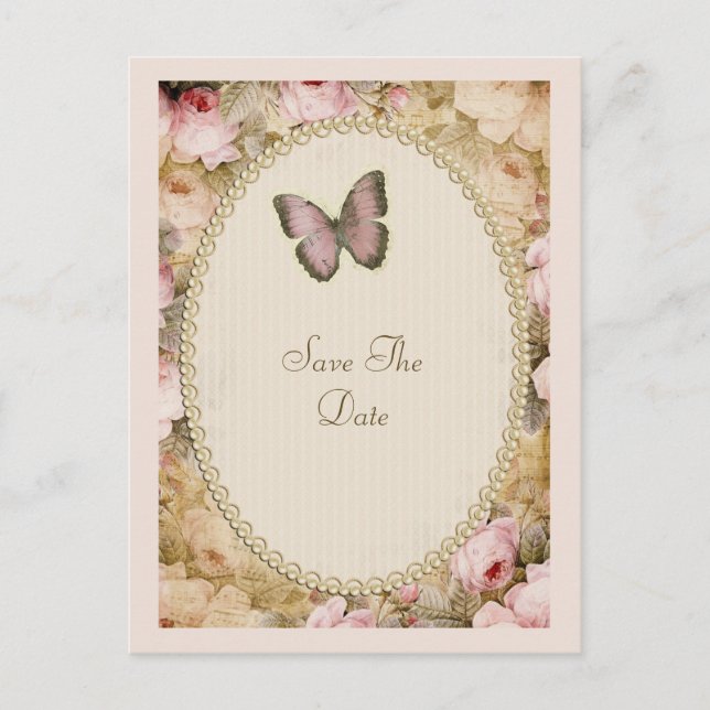 Vintage Roses Butterfly, Music Notes Save The Date (Front)