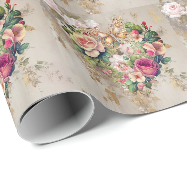 Vintage Roses Butterfly Wrapping Paper (Roll Corner)