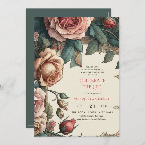 Vintage Roses Celebration of Life Memorial Poem Invitation