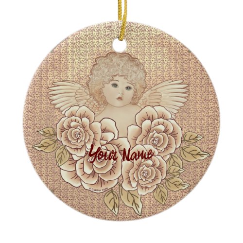 Vintage Roses Cherub Angel  Ceramic Ornament