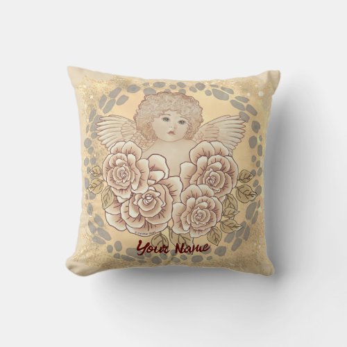 Vintage Roses Cherub Angel  custom name Throw Pillow